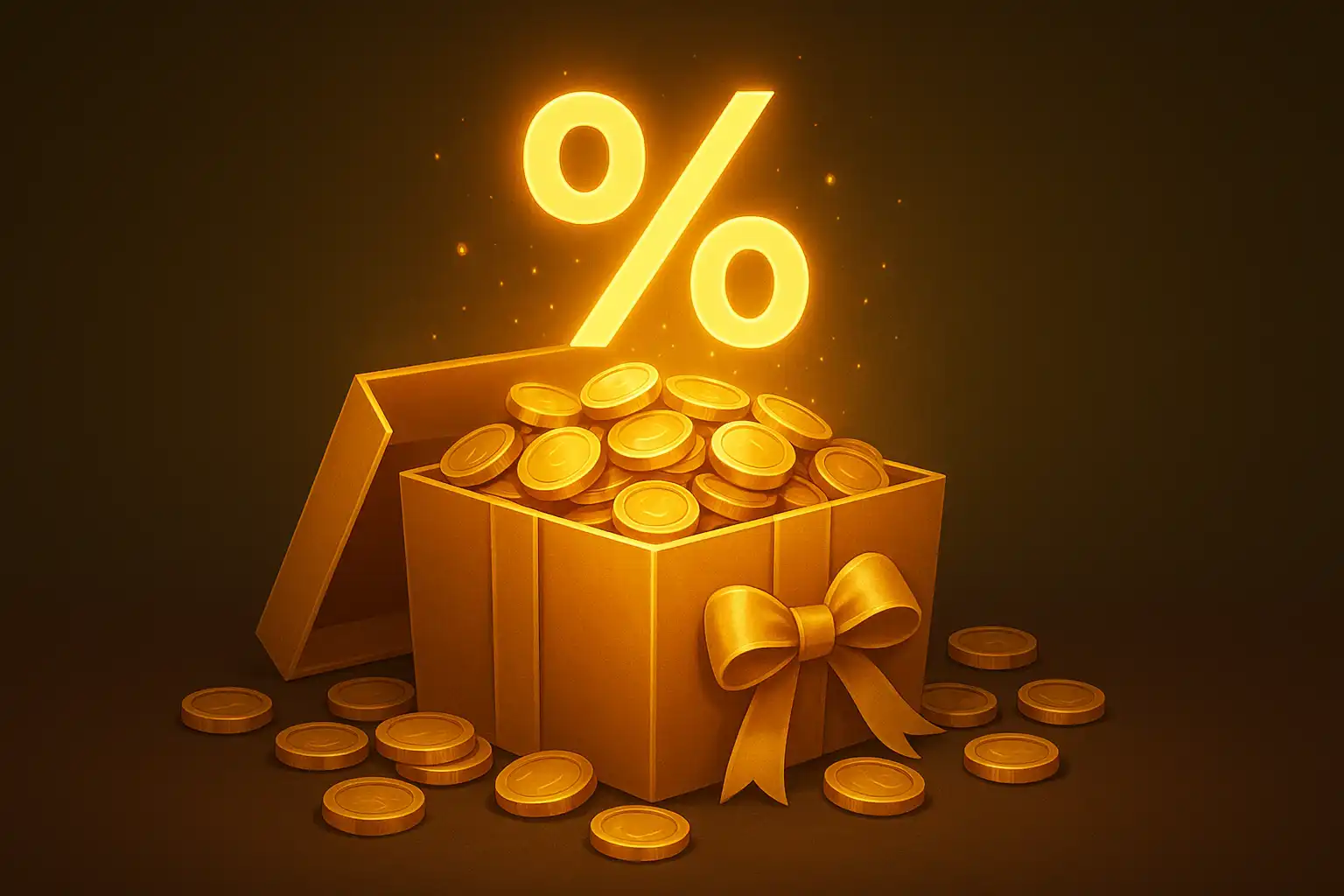 Golden gift box overflowing with coins and a bonus percentage badge