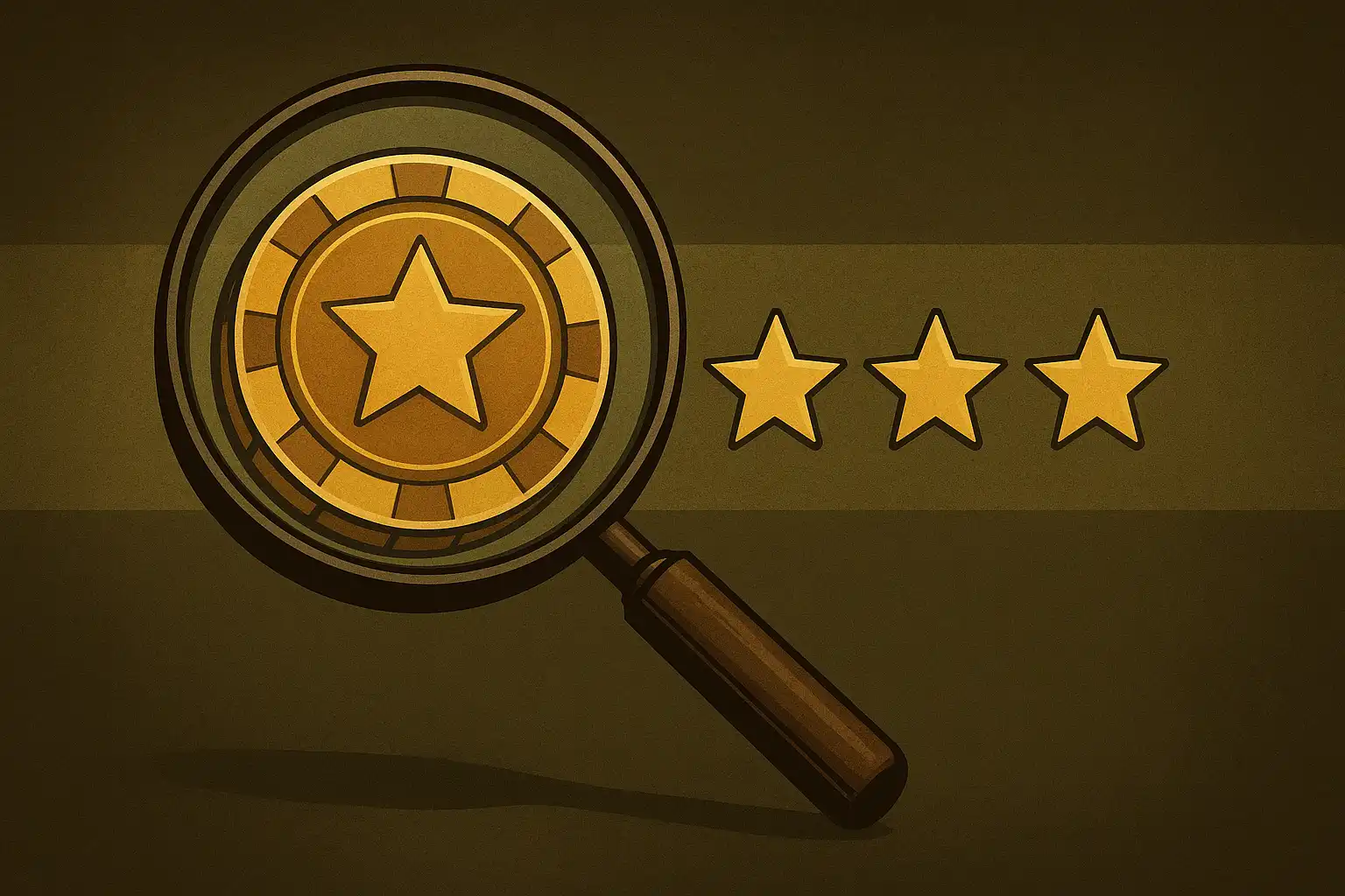 Reviewer holding a tablet showing casino ratings next to gold coins